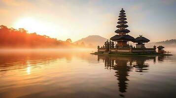 Ancient pura ulun danu bratan, besakih or famous hindu temple and tourist in bali island at sunrise concept by AI Generated photo