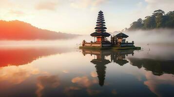 Ancient pura ulun danu bratan, besakih or famous hindu temple and tourist in bali island at sunrise concept by AI Generated photo