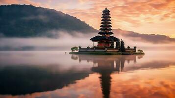 Ancient pura ulun danu bratan, besakih or famous hindu temple and tourist in bali island at sunrise concept by AI Generated photo