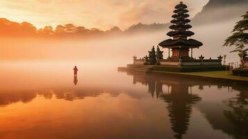 Ancient pura ulun danu bratan, besakih or famous hindu temple and tourist in bali island at sunrise concept by AI Generated photo