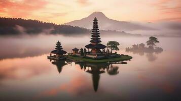 Ancient pura ulun danu bratan, besakih or famous hindu temple and tourist in bali island at sunrise concept by AI Generated photo