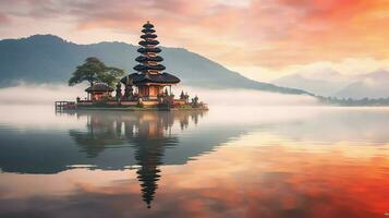 Ancient pura ulun danu bratan, besakih or famous hindu temple and tourist in bali island at sunrise concept by AI Generated photo