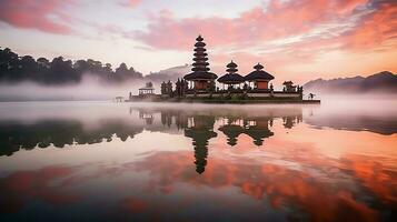 Ancient pura ulun danu bratan, besakih or famous hindu temple and tourist in bali island at sunrise concept by AI Generated photo