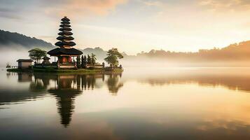 Ancient pura ulun danu bratan, besakih or famous hindu temple and tourist in bali island at sunrise concept by AI Generated photo