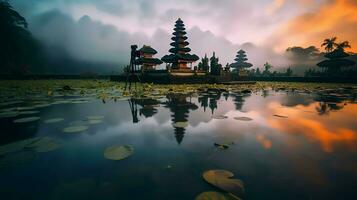 Ancient pura ulun danu bratan, besakih or famous hindu temple and tourist in bali island at sunrise concept by AI Generated photo