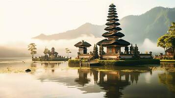 Ancient pura ulun danu bratan, besakih or famous hindu temple and tourist in bali island at sunrise concept by AI Generated photo