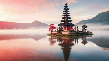Ancient pura ulun danu bratan, besakih or famous hindu temple and tourist in bali island at sunrise concept by AI Generated photo