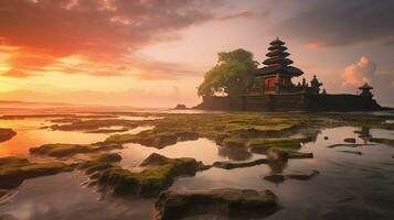 Ancient pura ulun danu bratan, besakih or famous hindu temple and tourist in bali island at sunrise concept by AI Generated photo