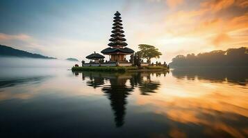 Ancient pura ulun danu bratan, besakih or famous hindu temple and tourist in bali island at sunrise concept by AI Generated photo