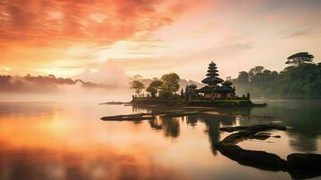 Ancient pura ulun danu bratan, besakih or famous hindu temple and tourist in bali island at sunrise concept by AI Generated photo