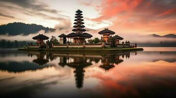 antiguo pura ulun danu bratán, besakih o famoso hindú templo y turista en bali isla a amanecer concepto por ai generado foto