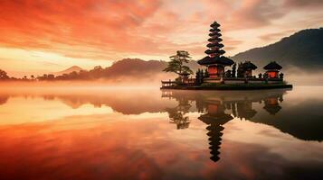 Ancient pura ulun danu bratan, besakih or famous hindu temple and tourist in bali island at sunrise concept by AI Generated photo