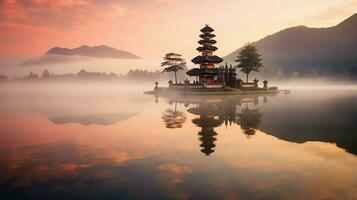 Ancient pura ulun danu bratan, besakih or famous hindu temple and tourist in bali island at sunrise concept by AI Generated photo