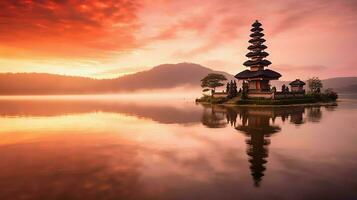 Ancient pura ulun danu bratan, besakih or famous hindu temple and tourist in bali island at sunrise concept by AI Generated photo
