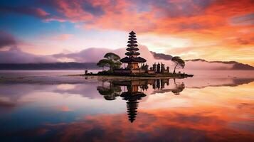 antiguo pura ulun danu bratán, besakih o famoso hindú templo y turista en bali isla a amanecer concepto por ai generado foto