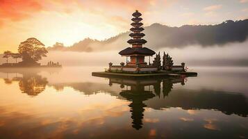 Ancient pura ulun danu bratan, besakih or famous hindu temple and tourist in bali island at sunrise concept by AI Generated photo