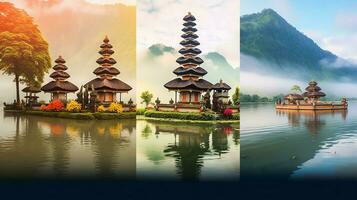 Ancient pura ulun danu bratan, besakih or famous hindu temple and tourist in bali island at sunrise concept by AI Generated photo