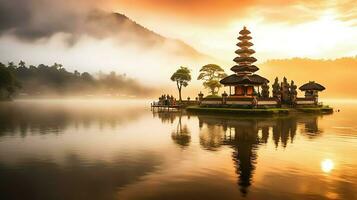 Ancient pura ulun danu bratan, besakih or famous hindu temple and tourist in bali island at sunrise concept by AI Generated photo