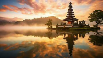 Ancient pura ulun danu bratan, besakih or famous hindu temple and tourist in bali island at sunrise concept by AI Generated photo
