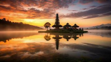 Ancient pura ulun danu bratan, besakih or famous hindu temple and tourist in bali island at sunrise concept by AI Generated photo