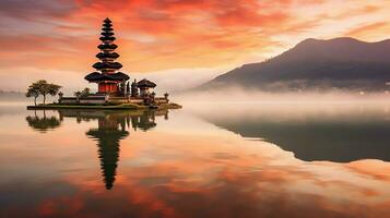 Ancient pura ulun danu bratan, besakih or famous hindu temple and tourist in bali island at sunrise concept by AI Generated photo