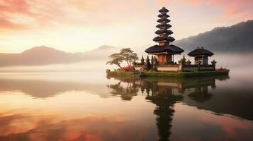 Ancient pura ulun danu bratan, besakih or famous hindu temple and tourist in bali island at sunrise concept by AI Generated photo