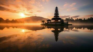 Ancient pura ulun danu bratan, besakih or famous hindu temple and tourist in bali island at sunrise concept by AI Generated photo