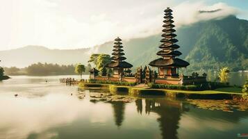 Ancient pura ulun danu bratan, besakih or famous hindu temple and tourist in bali island at sunrise concept by AI Generated photo