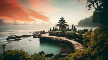 Ancient pura ulun danu bratan, besakih or famous hindu temple and tourist in bali island at sunrise concept by AI Generated photo