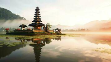 Ancient pura ulun danu bratan, besakih or famous hindu temple and tourist in bali island at sunrise concept by AI Generated photo
