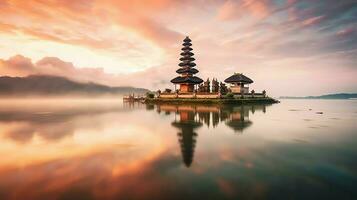 Ancient pura ulun danu bratan, besakih or famous hindu temple and tourist in bali island at sunrise concept by AI Generated photo