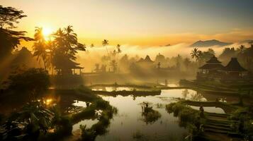 Ancient pura ulun danu bratan, besakih or famous hindu temple and tourist in bali island at sunrise concept by AI Generated photo