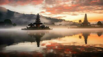 Ancient pura ulun danu bratan, besakih or famous hindu temple and tourist in bali island at sunrise concept by AI Generated photo