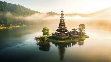 Ancient pura ulun danu bratan, besakih or famous hindu temple and tourist in bali island at sunrise concept by AI Generated photo