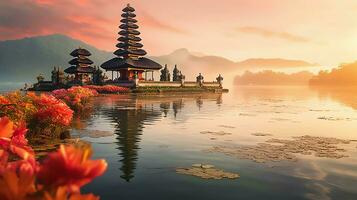 Ancient pura ulun danu bratan, besakih or famous hindu temple and tourist in bali island at sunrise concept by AI Generated photo