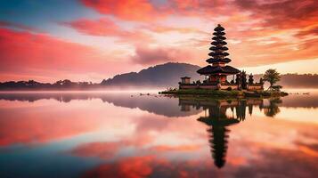 Ancient pura ulun danu bratan, besakih or famous hindu temple and tourist in bali island at sunrise concept by AI Generated photo