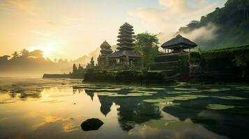 Ancient pura ulun danu bratan, besakih or famous hindu temple and tourist in bali island at sunrise concept by AI Generated photo