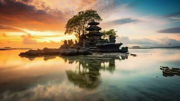 antiguo pura ulun danu bratán, besakih o famoso hindú templo y turista en bali isla a amanecer concepto por ai generado foto