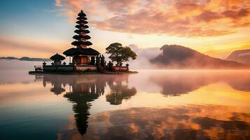 Ancient pura ulun danu bratan, besakih or famous hindu temple and tourist in bali island at sunrise concept by AI Generated photo