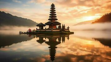 Ancient pura ulun danu bratan, besakih or famous hindu temple and tourist in bali island at sunrise concept by AI Generated photo