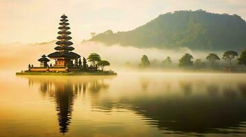 Ancient pura ulun danu bratan, besakih or famous hindu temple and tourist in bali island at sunrise concept by AI Generated photo