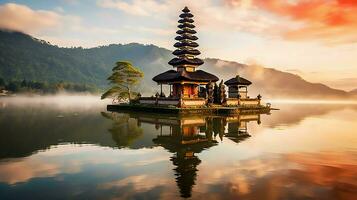 Ancient pura ulun danu bratan, besakih or famous hindu temple and tourist in bali island at sunrise concept by AI Generated photo