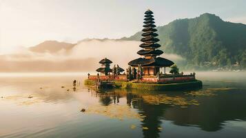 Ancient pura ulun danu bratan, besakih or famous hindu temple and tourist in bali island at sunrise concept by AI Generated photo