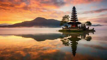 Ancient pura ulun danu bratan, besakih or famous hindu temple and tourist in bali island at sunrise concept by AI Generated photo