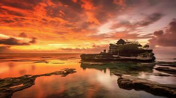 Ancient pura ulun danu bratan, besakih or famous hindu temple and tourist in bali island at sunrise concept by AI Generated photo