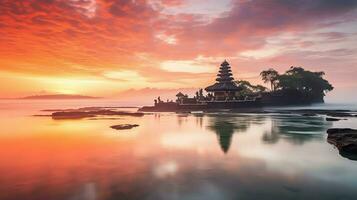 Ancient pura ulun danu bratan, besakih or famous hindu temple and tourist in bali island at sunrise concept by AI Generated photo