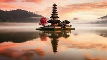 antiguo pura ulun danu bratán, besakih o famoso hindú templo y turista en bali isla a amanecer concepto por ai generado foto