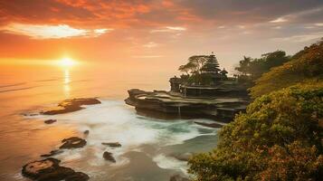 Ancient pura ulun danu bratan, besakih or famous hindu temple and tourist in bali island at sunrise concept by AI Generated photo