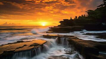 Ancient pura ulun danu bratan, besakih or famous hindu temple and tourist in bali island at sunrise concept by AI Generated photo