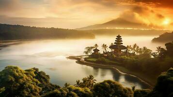 Ancient pura ulun danu bratan, besakih or famous hindu temple and tourist in bali island at sunrise concept by AI Generated photo